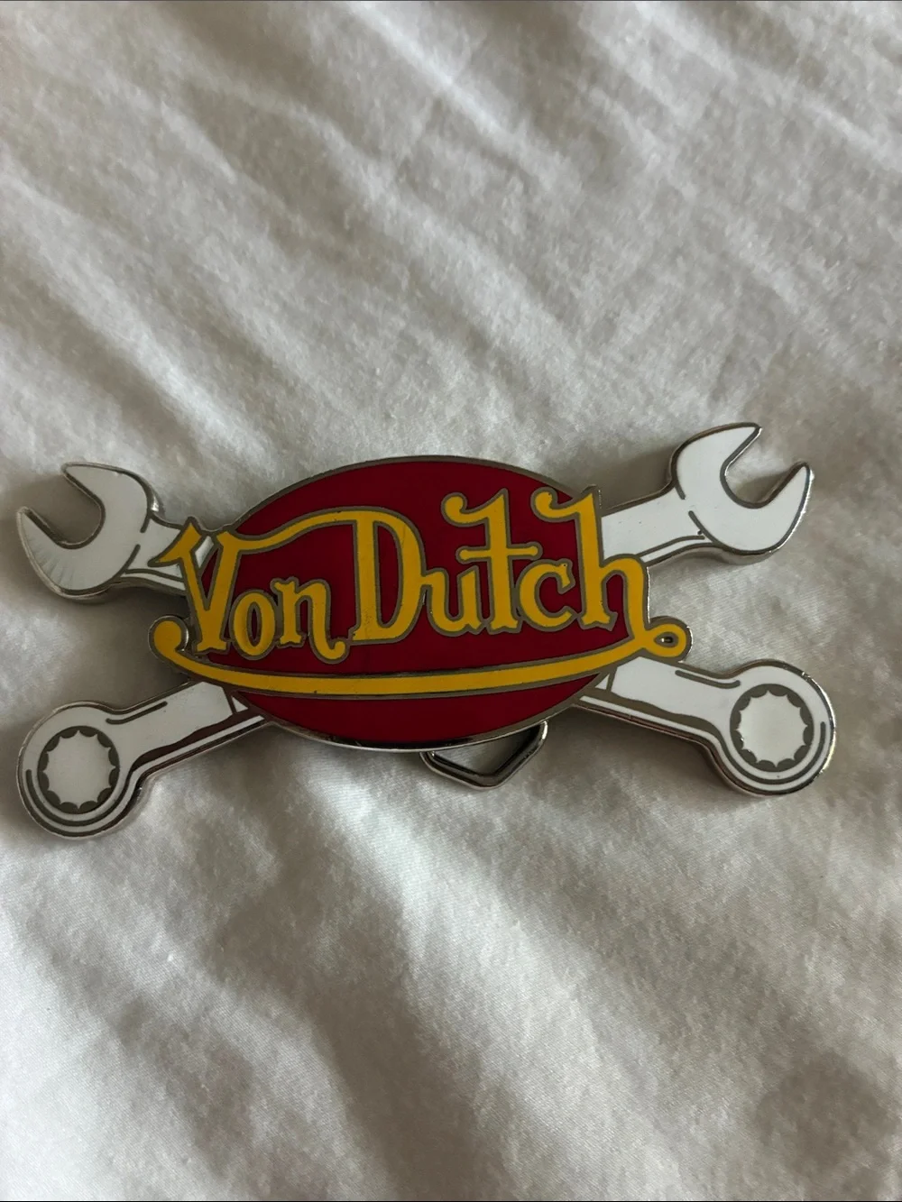 Von Dutch Red & Yellow Enamel Logo Pin with Wrench Design